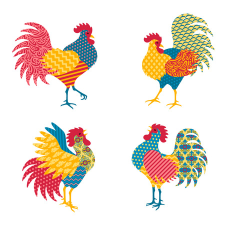 Set of Chinese Zodiac Roosters in Patchwork Ornamental Style.のイラスト素材