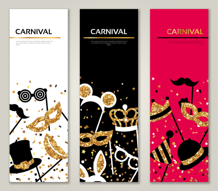 Vertical Banners with Carnival Masks. Celebration Festive Background. Vector Illustration. Glittering Gold Patternのイラスト素材
