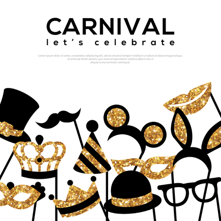 Banner Template with Golden Carnival Masks on White Background. Glittering Celebration Festive Border. Vector Illustration.のイラスト素材