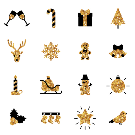 Set of Flat Christmas Modern Icons in Black and Gold Colors. Vector Illustration. Holiday Signs and Symbols. Happy New Year Stickers. Fir Tree, Candy Can, Holly Berry, Gingerbread Man and Gift.のイラスト素材