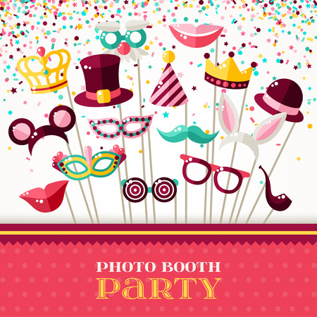 Photo Booth Party Invitation Concept. Border with Carnival Masks and Falling Confetti on White Background. Vector illustration.のイラスト素材