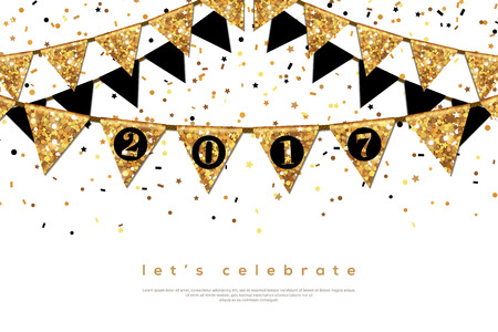 Happy New Year 2017 Banner with Flags Garlands. Gold Shining Texture. Greeting Card Concept with Place for Your Text. Glitter Sequins and Confettiのイラスト素材