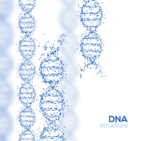 Abstract Blue DNA Helix with Small Particles Isolated on White Background. Vector Illustration. Science and Medical Research Concept Banner. Molecular Structure, Broken Strandsのイラスト素材