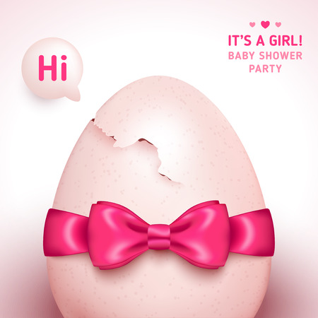 It's a girl baby shower concept with pink ribbon bow and cracked egg. Vector illustration. Speech bubble with hi message.のイラスト素材