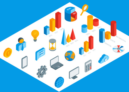 Business isometric icons set. Vector illustration. Infographics and statistic elements, graphics for data visualization. Bar and pie charts diagrams.のイラスト素材