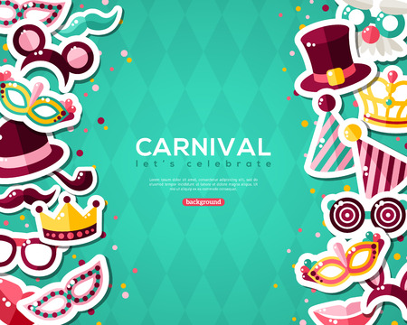 Carnival Banner With Flat Sticker Icons Set. Vector illustration. Masquerade Concept. Vertical Borders with Masks, Clown Cap, Smiling Lips, Princess Crown on Blue Background.のイラスト素材