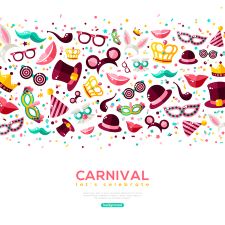Carnival Concept Banner with carnaval Icons Isolated on white background. Vector Flat Illustration. Place for your text. Photo Booth Party Elements in Border.のイラスト素材