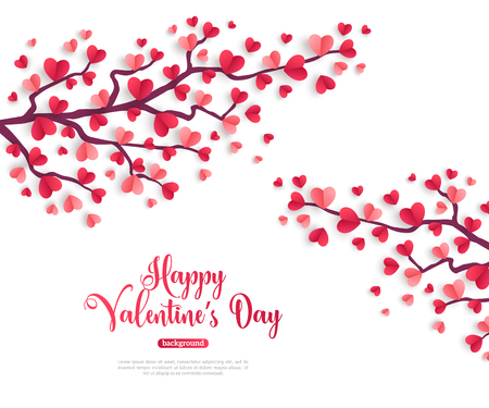 Happy Saint Valentines Day concept. Valentine trees branch with paper heart shaped leaves. Vector illustration.のイラスト素材