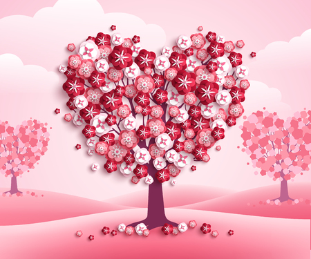 Happy Valentine's Day heart shape trees with flowers, pink landscape with clouds and hills. Vector illustration. Holiday design for greeting card, concept, gift voucher, invitation. Love growthのイラスト素材