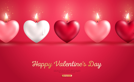 Valentine's day concept, heart shape candles set on red background. Vector illustration. Beloved symbol. Burning Flame. White, red and pink hearts in a rowのイラスト素材