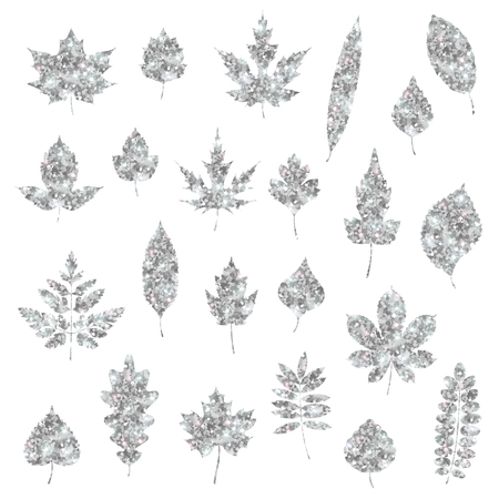 Set of silver various forest leaves isolated on white. Vector Illustration. Silver foil confetti. Natural glitter design decorationsのイラスト素材