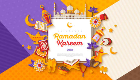 Ramadan Kareem concept horizontal banner with flat sticker icons on modern geometric background. Vector illustration. Eid Mubarak. Quran, Traditional Lanterns, Iftar food datesのイラスト素材