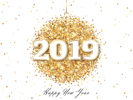 Happy New Year 2019 Greeting Card with Numbers. Christmas Ball with Texture of Golden Dust on White Background. Vector Illustration.のイラスト素材
