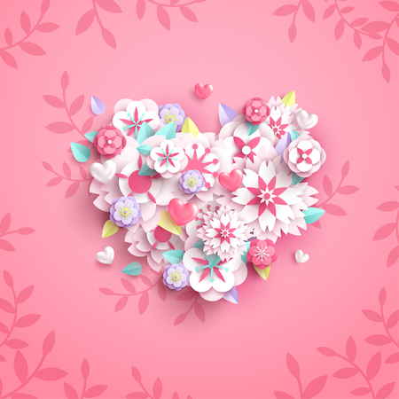 Heart of white paper cut flowers and branches for Mother's or Valentine's day design. Vector illustration.