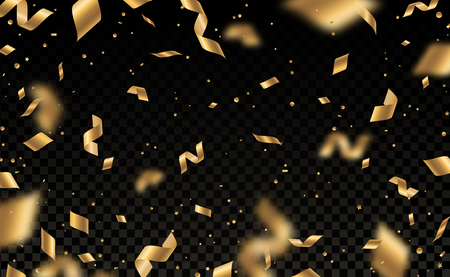 Falling shiny golden confetti and pieces of serpentine isolated on black transparent background. Bright festive overlay effect with gold tinsels. Vector illustration.