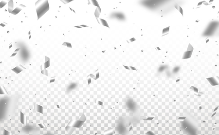 Falling shiny silver confetti and pieces of serpentine isolated on transparent background. Bright festive overlay effect with gray tinsels. Vector illustration.のイラスト素材