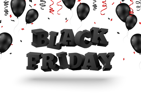 3d Black friday text with balloons and serpentine on white background. Vector illustration.のイラスト素材