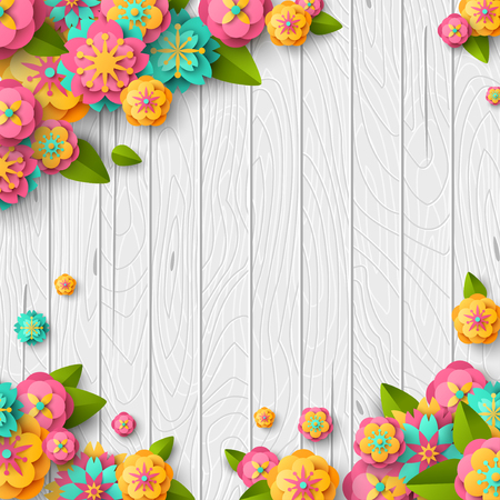 Banner with place for text and 3d paper cut spring flowers on wooden background. Vector illustration.のイラスト素材