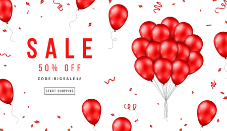 Sale Banner with Red Balloons Bunch on White Background. Vector illustration.のイラスト素材