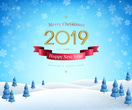 Winter landscape with fir trees and typography label for Happy 2019 New Year and Merry Christmas. Vector illustration.のイラスト素材