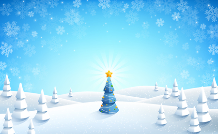 Winter landscape with decorated fir tree in snowy forest for Happy 2019 New Year and Merry Christmas. Place for text. Vector illustration.のイラスト素材