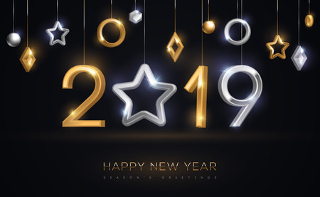 2019 silver and gold numbers with star hanging on black background. Vector illustration. Minimal invitation design for Christmas and New Year. Winter holiday decorations.のイラスト素材