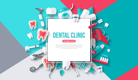 Dental card with square frame. Vector illustration. Dentistry and tooth care flat icons with shadow on colorful modern geometric background. Place for your text.のイラスト素材