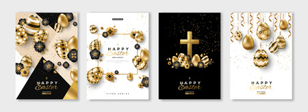 Easter black and gold posters or flyers design set with eggs and spring flowers. Vector illustration. Place for your textのイラスト素材
