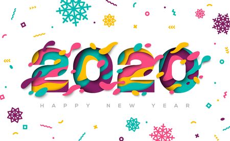 Happy New Year 2020 typography design with abstract paper cut shapes and confetti with snowflakes. Vector illustration.のイラスト素材