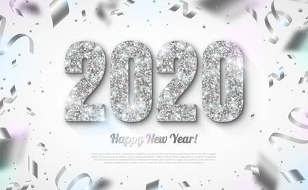 Happy New Year Banner with Silver 2020 Numbers on Bright Background with Flying Confetti and Streamers. Vector illustrationのイラスト素材