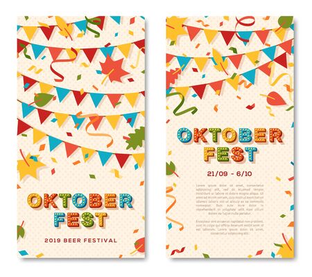 Oktoberfest brochure vector template. Autumn season event, traditional german funfair invitation, flyer layout. Annual beer fair. Festive garland and confetti flat illustration with text spaceのイラスト素材