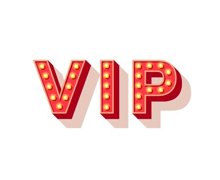 VIP only vector typography. Vintage red letters with lightbulb decor isolated on white background. Limited membership, restricted access club signboard. Very important persons invitation card designのイラスト素材
