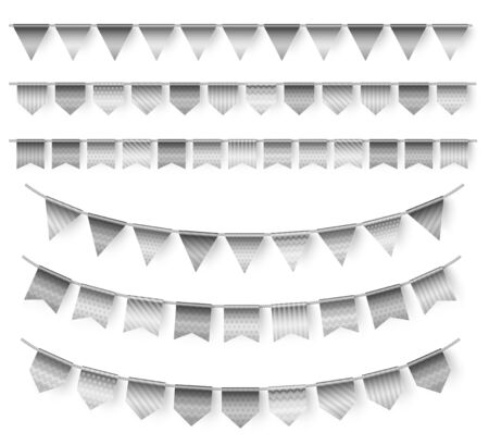 Silver garlands 3d illustrations set. Realistic holiday decor isolated on white background. Grey striped triangles, polka dot flags hanging on ropes. Stylish party, festive event decorative elementsのイラスト素材