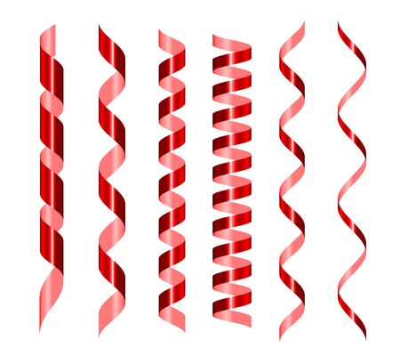 Red serpentine realistic set. Glowing spiral vector tape . Shiny confetti for wrapping paper, postcards, presents decoration. Festive ribbons border. 3d design element isolated on white backgroundのイラスト素材