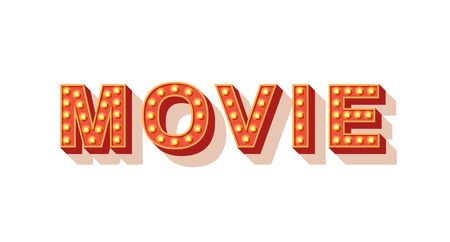Movie vector typography. Cinema neon marquee text. Vintage style lettering with orange neon light bulbs. Retro volumetric letters isolated on white background. 3d signboard design elementのイラスト素材