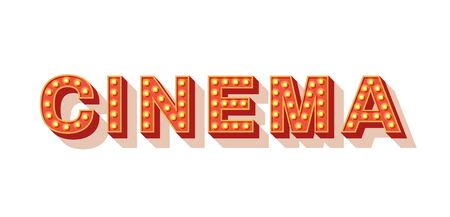 Cinema vector typography. Movie neon marquee text. Retro style lettering with golden light bulbs letters isolated on white background. 3d shiny signboard design element. Vintage volumetric lettersのイラスト素材