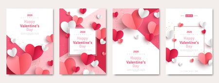 Valentine's day concept posters set. 3d red and pink paper hearts with frame on geometric background. Cute love sale banners or greeting cardsのイラスト素材