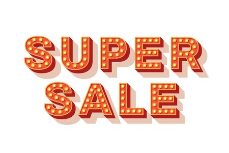 Super sale typography. Illuminated clearance promotional poster with decorative light bulbs. Big seasonal discount advertisement. Retro style font for special price offer banner design layoutのイラスト素材