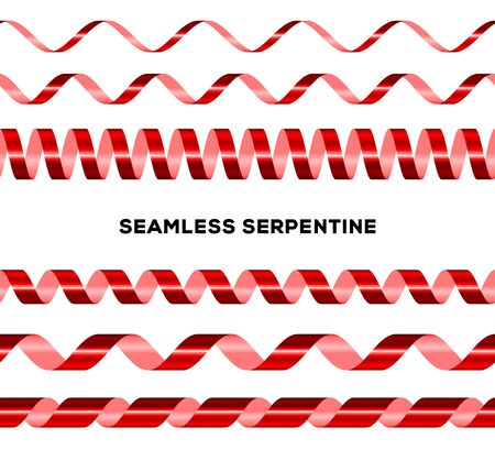 Seamless serpentine realistic set. Festive red ribbons border vector. Glowing spiral tape for wrapping paper, postcards and presents decoration. 3d design element on white backgroundのイラスト素材
