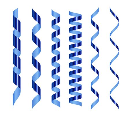 Blue serpentine set. Festive glossy metallic ribbons pack. Spiral tape for holidays decoration. Different size confetti. 3d realistic design elements for greeting cards, postcards, wrapping paperのイラスト素材