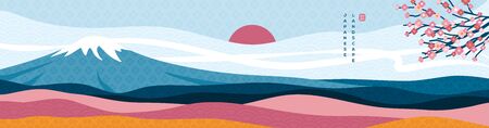 Mount Fuji panorama at sunset with sakura tree. Japanese greeting card or banner for Happy New Year 2020. Clouds, sun and asian patterns in modern style.のイラスト素材