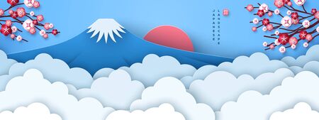 Mount Fuji at dawn. Japanese greeting card or banner with sakura tree branches and paper cut clouds or fog.のイラスト素材