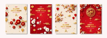 Posters Set for 2020 Chinese New Year. Hieroglyph translation - Rat. Clouds, Lanterns, Gold Pendant and Red Paper cut Flowers on Sakura Branches.のイラスト素材
