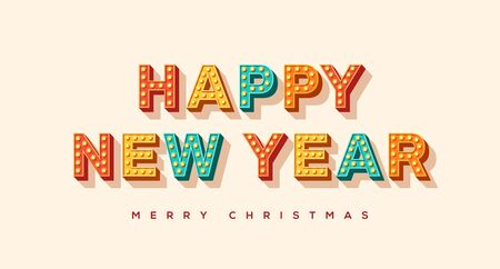 Happy New Year card or banner with colorful typography design. illustration with retro light bulbs font.のイラスト素材