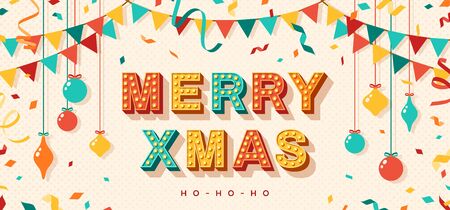 Merry Xmas card or banner with typography design. illustration with retro light bulbs font, streamers, confetti and hanging baubles.のイラスト素材