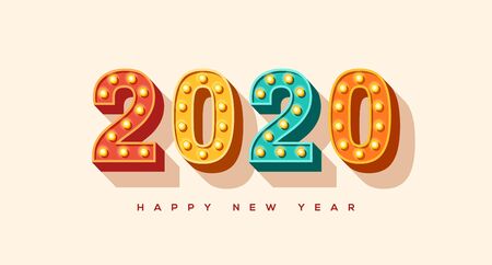 2020 card or banner with typography design. Numbers of retro light bulbs font. Minimal invitation for Merry Christmas and Happy New Year.のイラスト素材