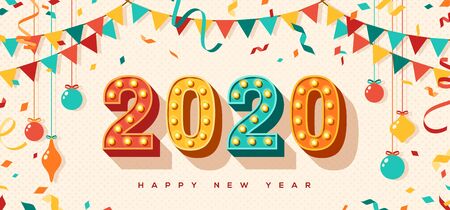 Happy New Year 2020 card or banner with typography design. illustration with retro light bulbs font, streamers, confetti and hanging baubles.のイラスト素材