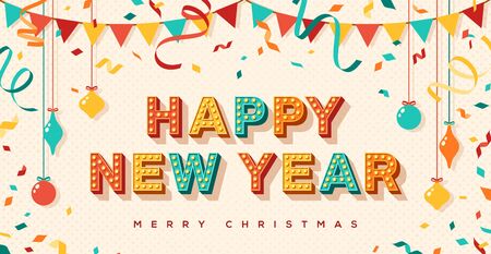 Happy New Year card or banner with typography design. illustration with retro light bulbs font, streamers, confetti and hanging flag garlands.のイラスト素材