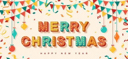 Merry Christmas card or banner with typography design. illustration with retro light bulbs font, streamers, confetti and hanging flag garlands.のイラスト素材