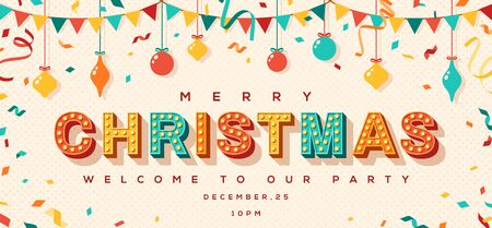 Merry Christmas card or invitation with typography design. illustration with retro light bulbs font, streamers, confetti and hanging flag garlands.のイラスト素材
